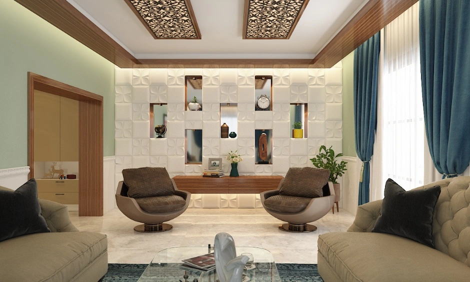 Light ceiling colours enhance brightness and create a spacious feel in compact living rooms.
