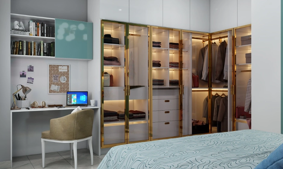 Glass wardrobe shutters create an airy appearance while enhancing modern interiors.