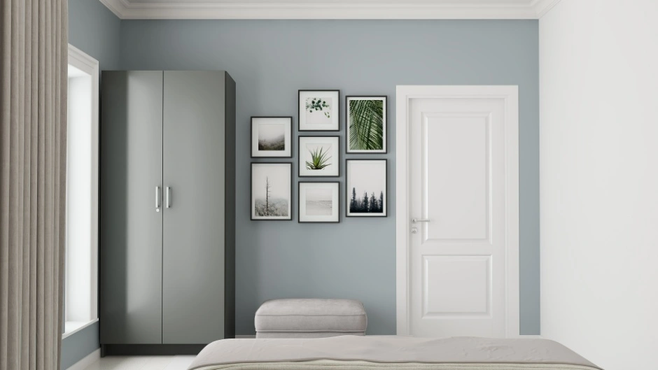 Hinged wardrobe shutters provide full access to storage and organisation.