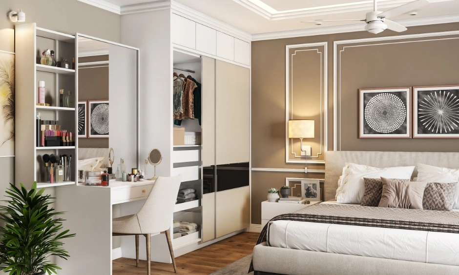 Sliding wardrobe shutters maximise floor space in compact bedroom layouts.