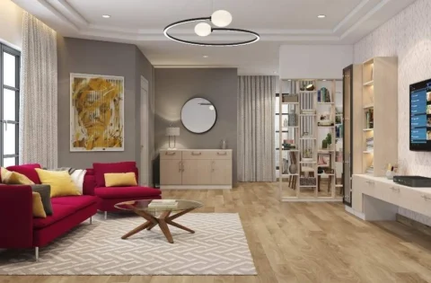 Living room featuring a bold red sofa that blends minimalist and maximalist design elements.