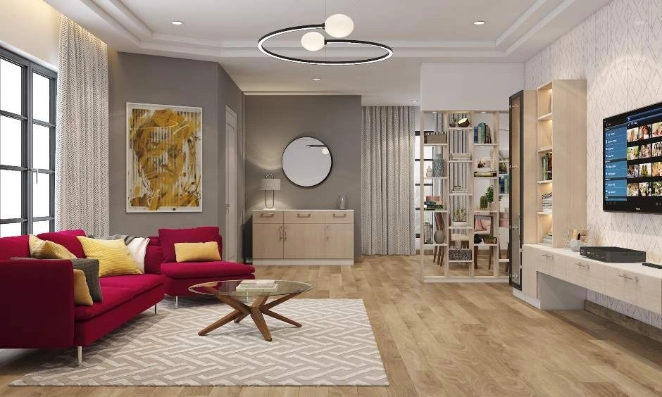 Living room featuring a bold red sofa that blends minimalist and maximalist design elements.