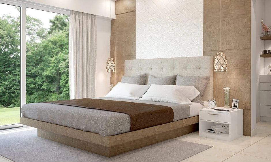 Minimalist bedroom with clean lines, neutral tones and clutter-free styling. 