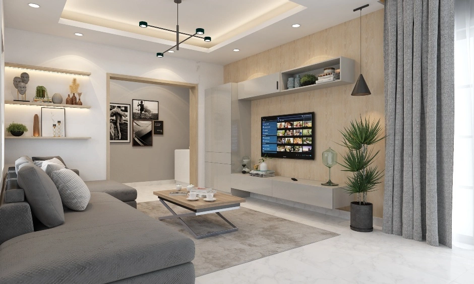 Minimalist home with a wall-mounted TV unit and an open, uncluttered layout.