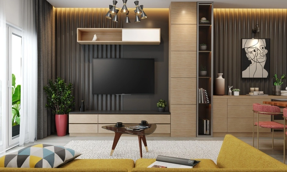 Bold living room featuring layered patterns, artwork and rich decorative accents. 