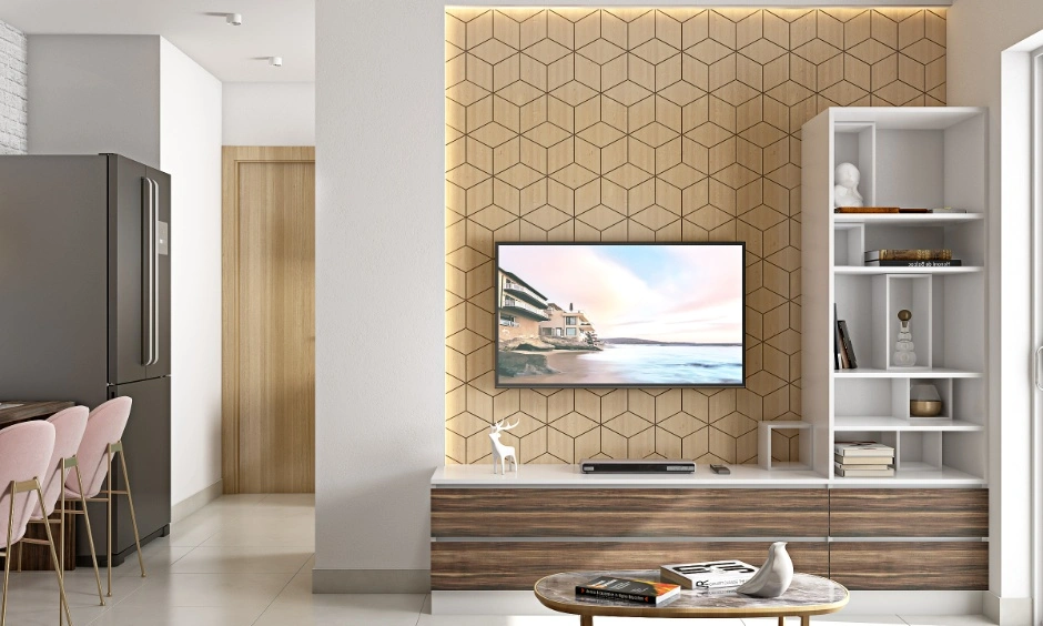 Geometric wall panels and hidden-storage TV units create a sleek modern living room.