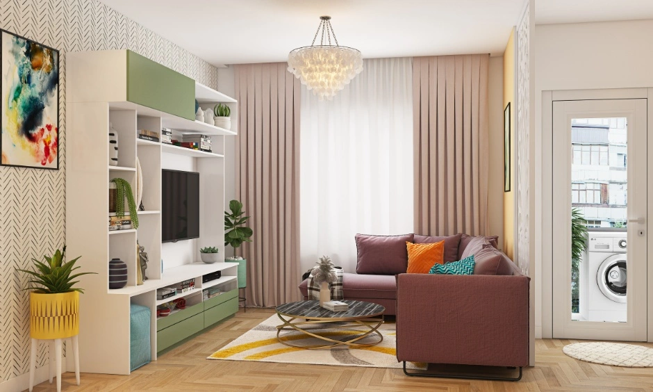 Soft colours and compact furniture keep this small Bangalore living room bright and open.
