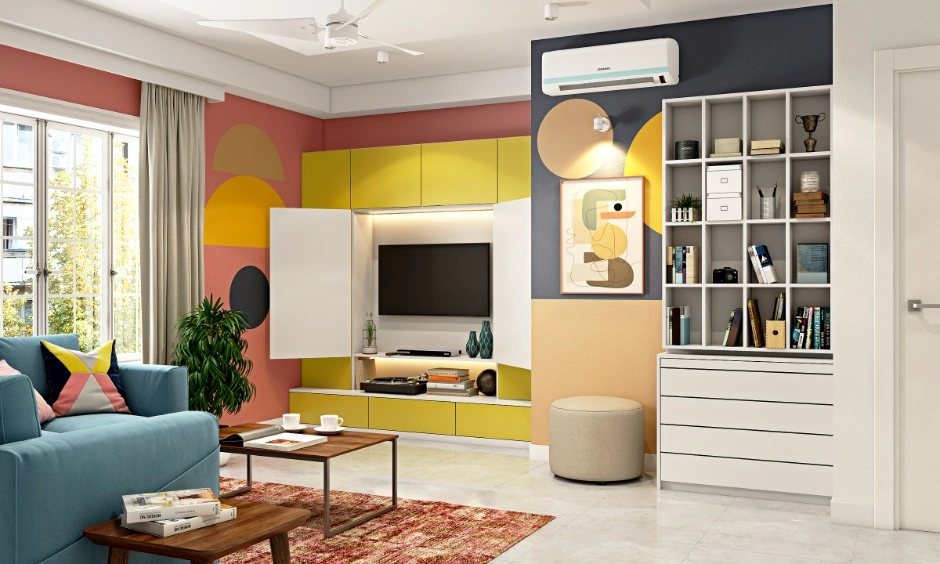 Bold accent walls add warmth and personality to this colourful Bangalore living room.