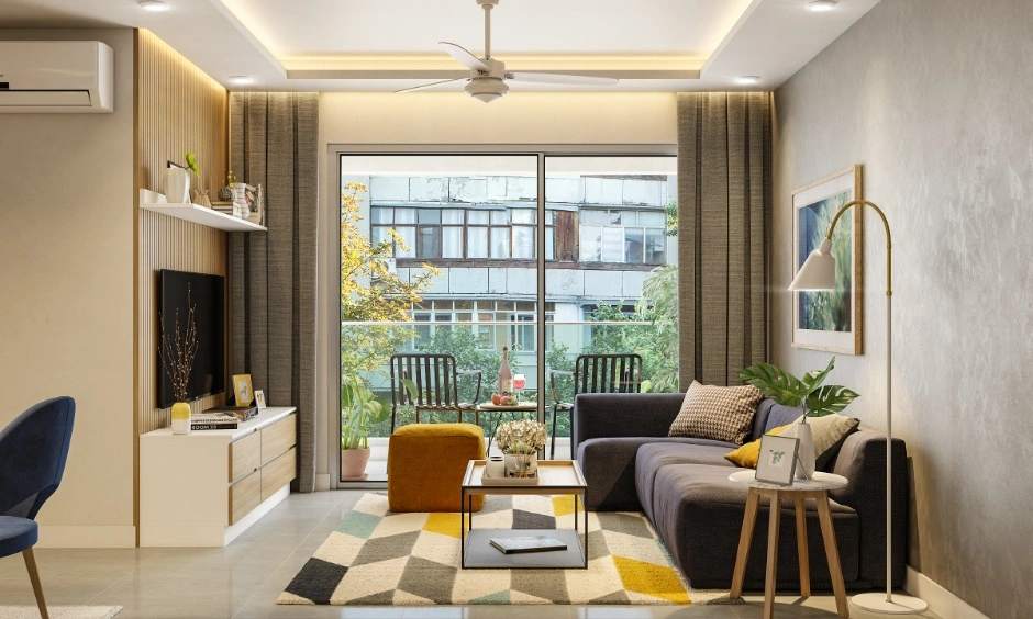 Layered lighting keeps this Bangalore living room bright and welcoming throughout the day.