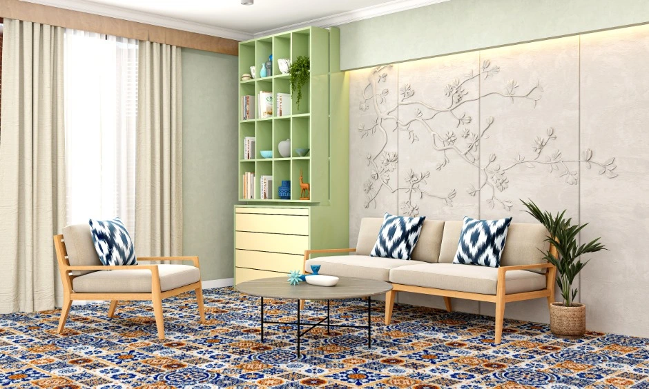 Breathable upholstery fabrics help this Mumbai living room stay comfortable in humid weather.