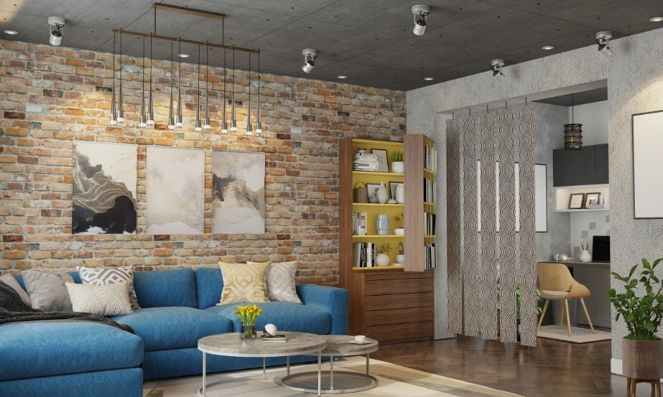 Multifunctional furniture and textured finishes create a stylish, practical living room.