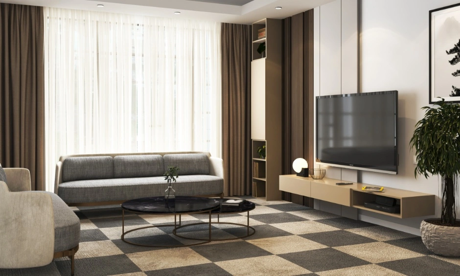 Low-profile furniture keeps this compact Mumbai apartment living room open and airy.