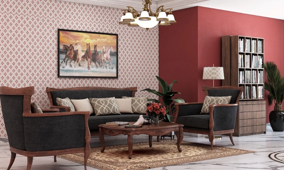 Warm chandelier lighting enhances the ambience of this elegant Mumbai living room.