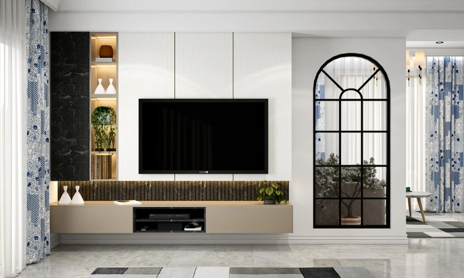Wall-mounted TV positioned for flexible viewing height and improved comfort.