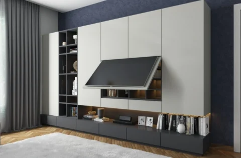 TV mounted too high above the TV unit, creating an uncomfortable viewing angle that can cause neck strain.