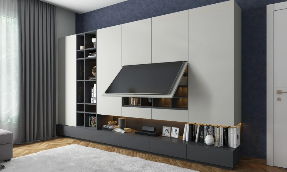 TV mounted too high above the TV unit, creating an uncomfortable viewing angle that can cause neck strain.