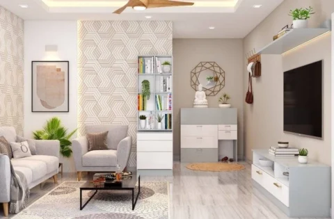 Glossy beige ceramic tiles add warmth and texture to this earthy living room