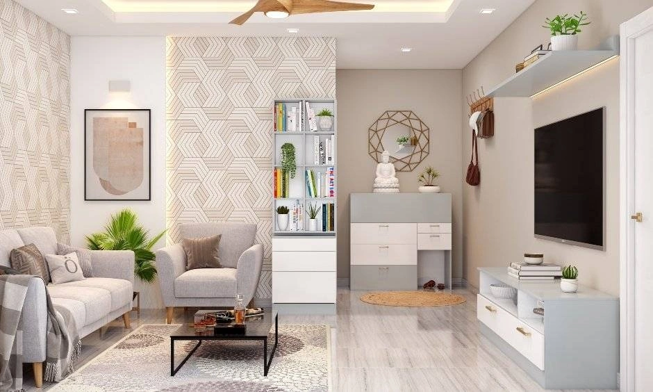 Glossy beige ceramic tiles add warmth and texture to this earthy living room