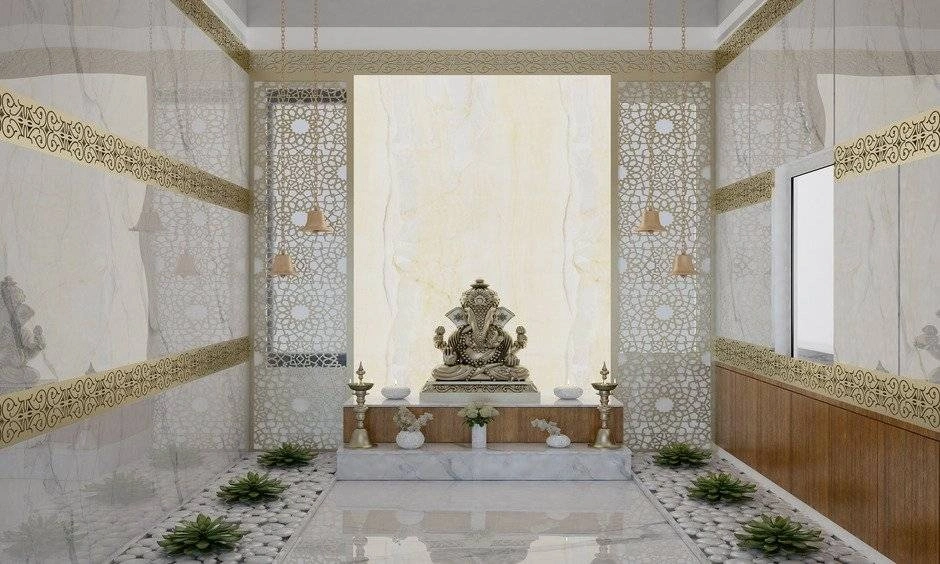 Glazed decorative tiles enhance this mandir while remaining easy to maintain.