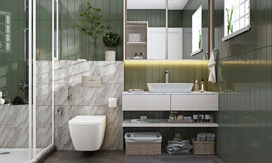 Coordinated wall and floor tiles bring function and style to this modern bathroom