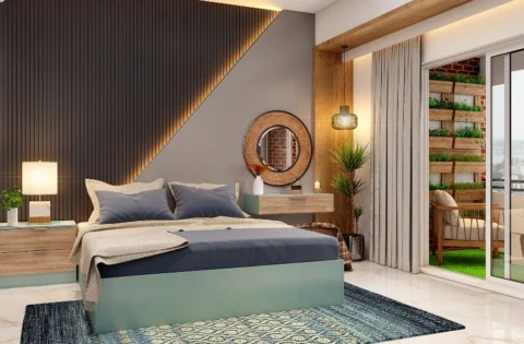 Storage compartments beneath the bed maximise space in a compact urban bedroom.