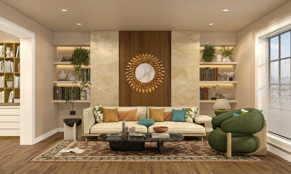 Earthy textures and open layouts create a bright, comfortable living room in Vizag.