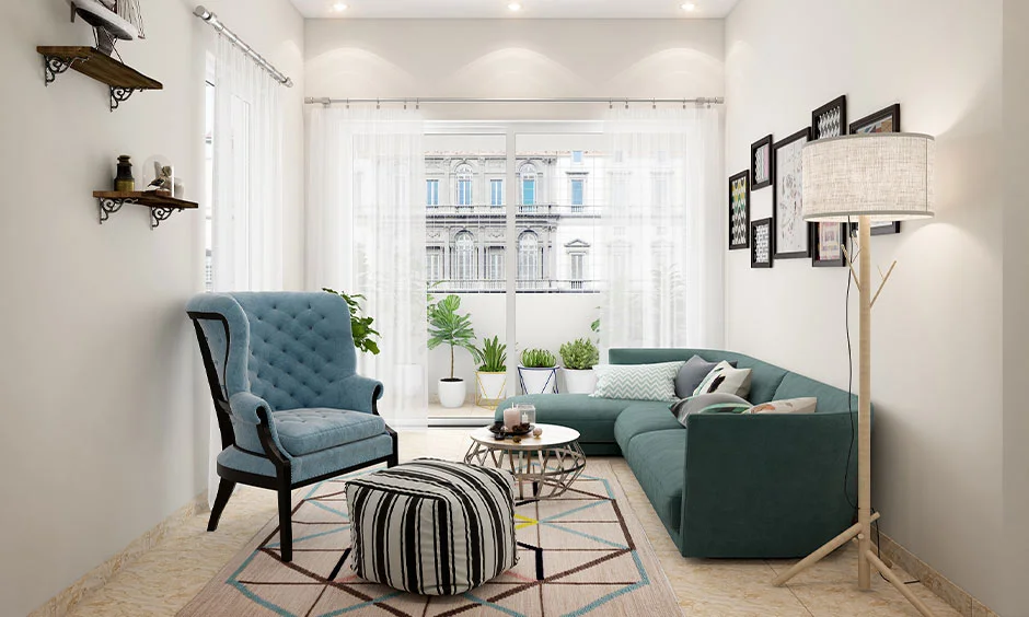 Small living room design with space-saving furniture, pastel colours and natural light