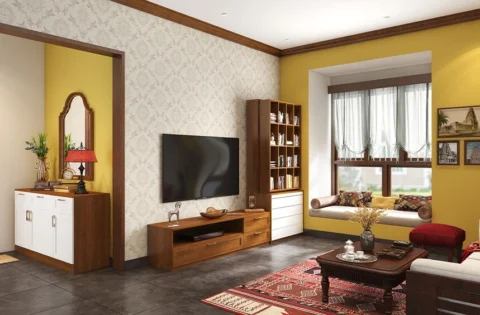 Traditional Mysore living room with wooden furniture, swing seating and heritage-inspired decor