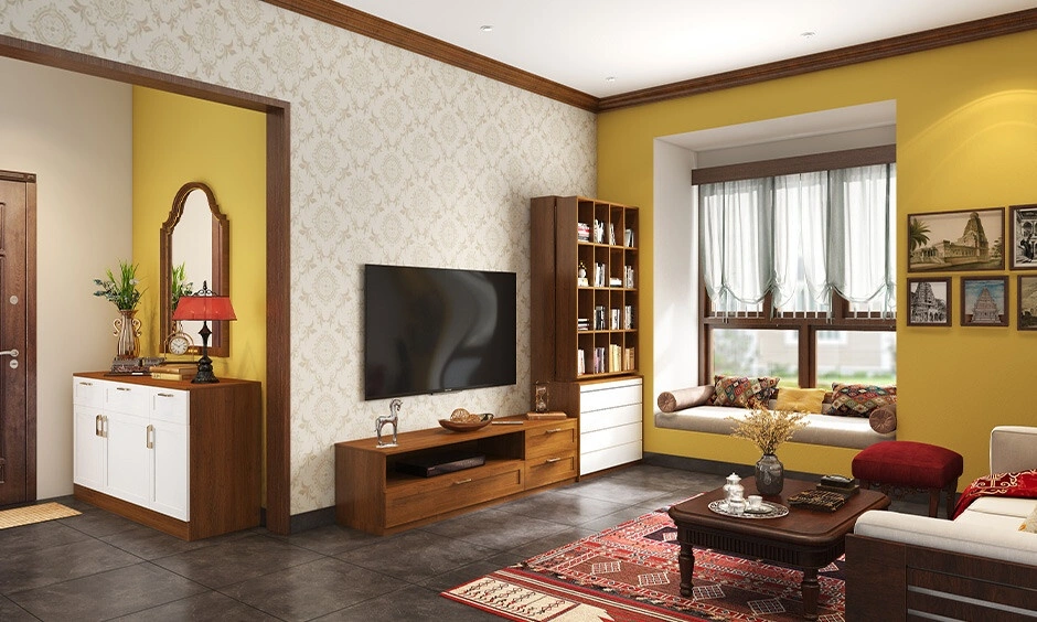 Traditional Mysore living room with wooden furniture, swing seating and heritage-inspired decor