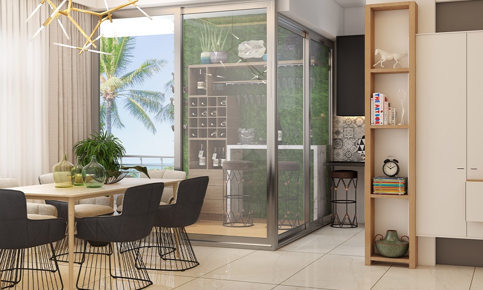 A compact liquor cabinet with closed storage turns an unused corner into a functional bar cabinet solution.