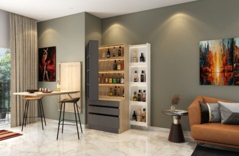 A space-saving liquor cabinet pairs with a sleek bar furniture counter to turn an unused corner into a social hotspot.
