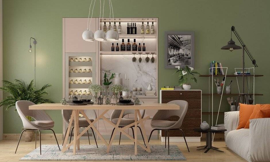 Warm pendant lamps illuminating clean-lined bar furniture and open space inside a contemporary living zone.