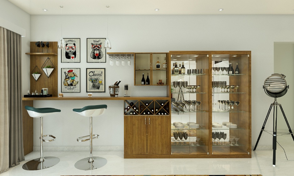 Minimalist home bar setup pairing a warm wooden surface with architectural metal lines for modern elegance.