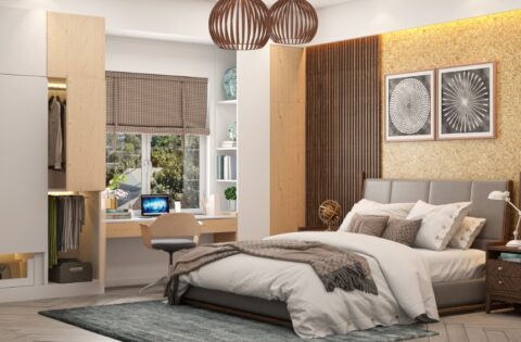 Wooden bedroom furniture showcasing sustainable interior design case studies for smart budget optimization.