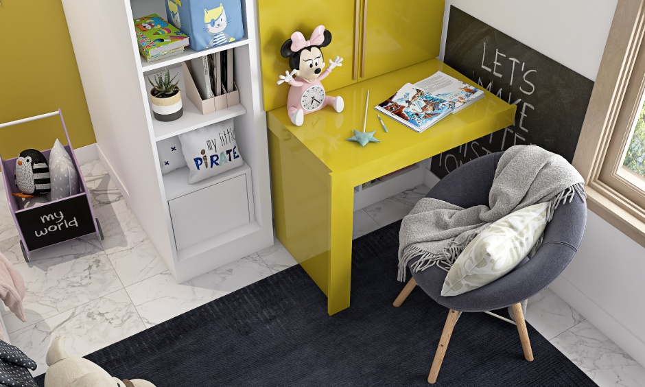 Pull-out study table in a child's bedroom showing what you can learn from smart interior design case studies.