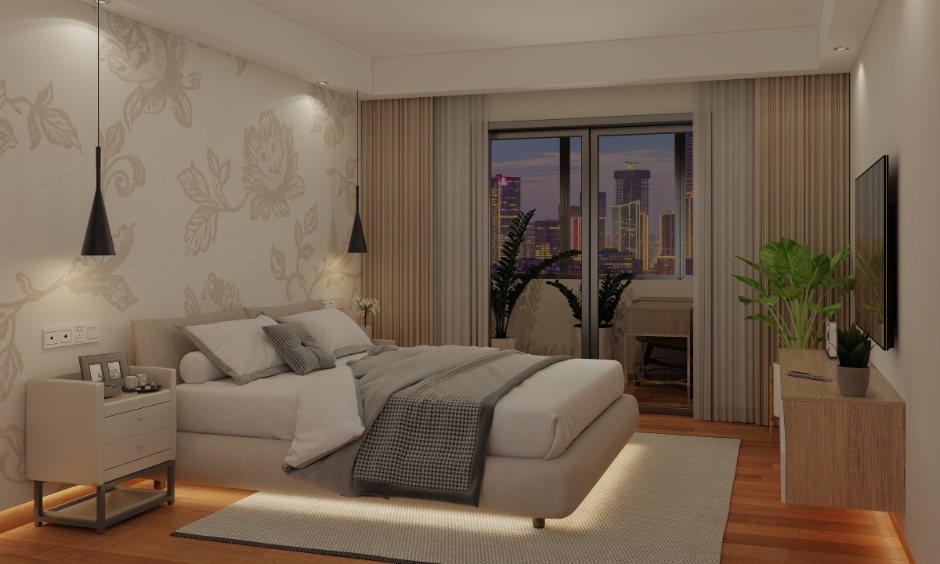 Upscale premium bedroom featuring specialized under-bed lighting built to reflect real professional design scenarios.