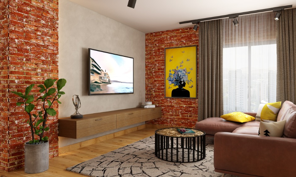 Industrial living room showing exposed brick structures requiring highly precise structural execution.