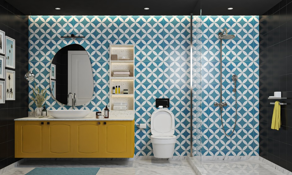 Bold geometric tiles paired cleanly with a mustard vanity showcasing a professional designer's custom vision.