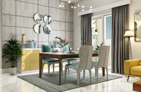 Contemporary dining room featuring premium interior design finishes with textured wall panels