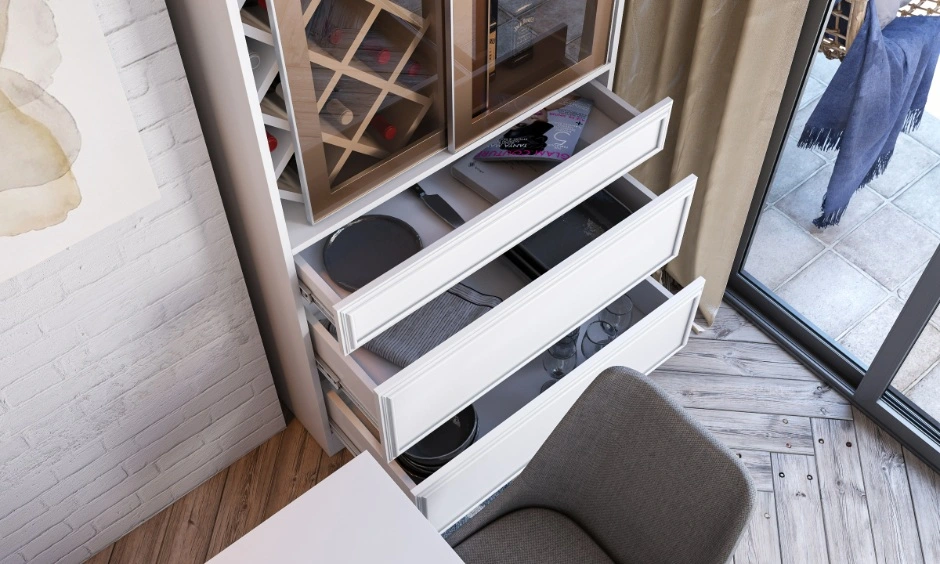 Storage cabinet drawers demonstrating functional and durable interior design finishes for homes