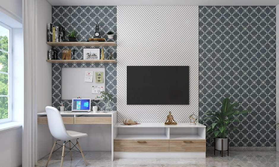 Modern TV unit and study corner showcasing stylish interior design finishes for compact homes
