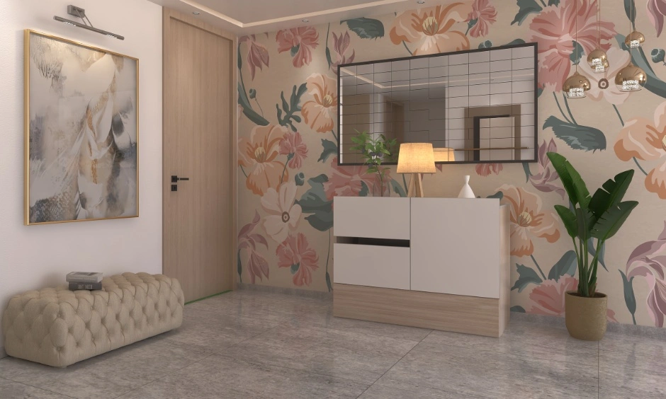 Entryway design aligned with south-facing house vastu and floral wall decor