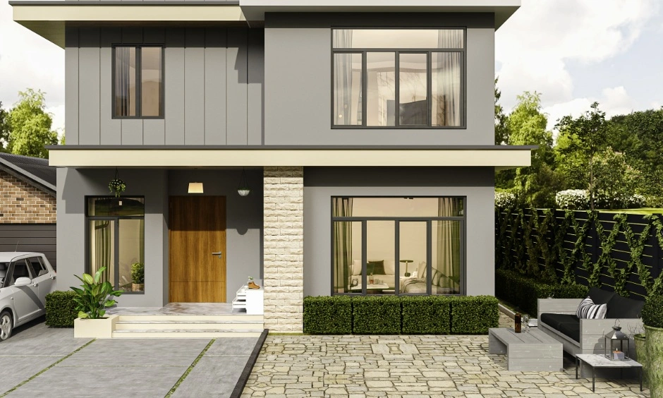 Contemporary duplex exterior designed with south-facing house vastu principles