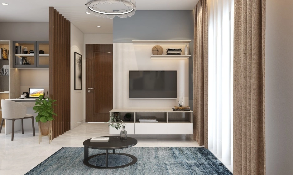 Minimalist centre table for living room with TV unit and neutral interiors