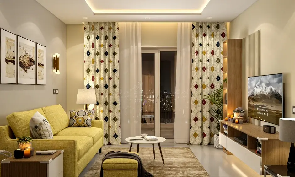 Compact centre table for living room with yellow sofa and patterned curtains