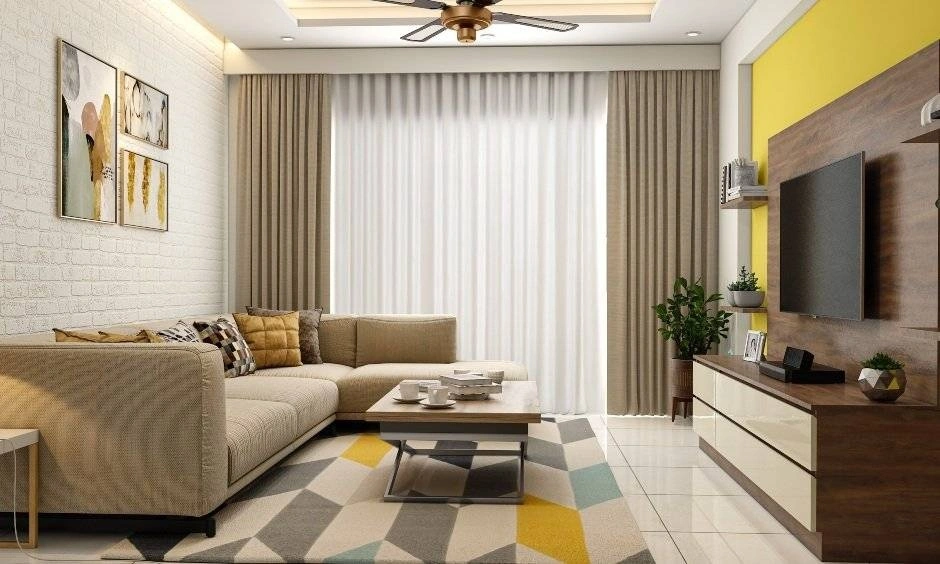 Wooden centre table for living room with sectional sofa and geometric rug