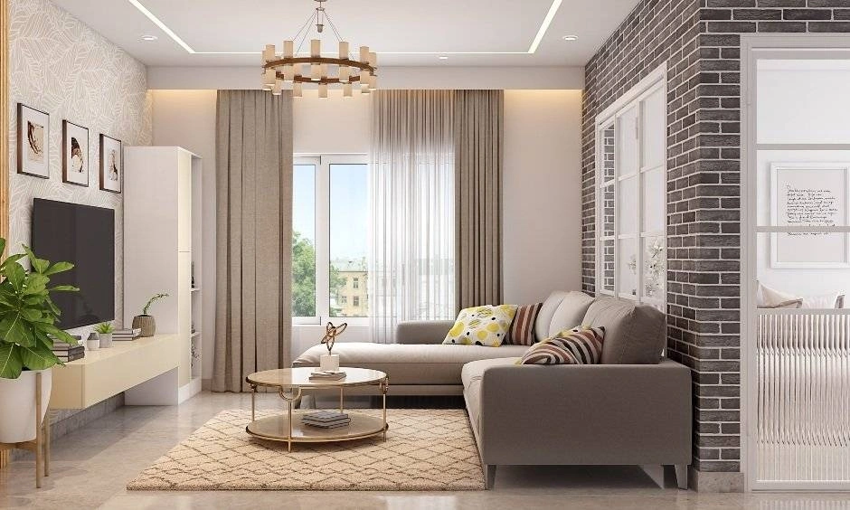 Round centre table for living room with beige sofa and contemporary decor