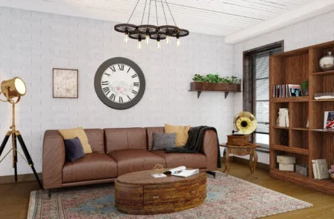 Warm Kolkata living room with vintage accents, wooden storage and soft ambient lighting.