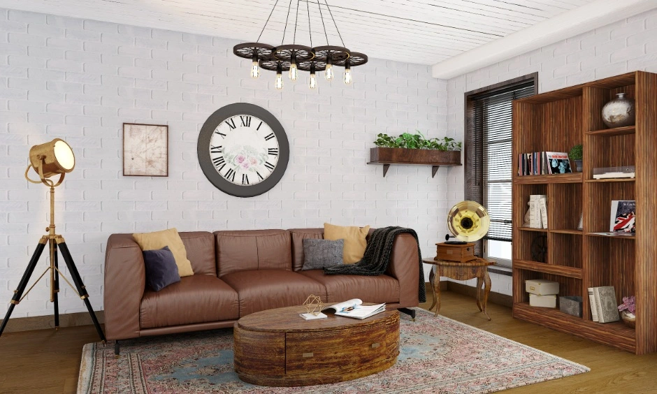 Warm Kolkata living room with vintage accents, wooden storage and soft ambient lighting.