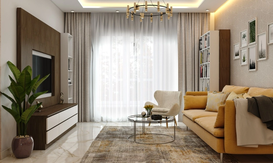 Modern Kolkata living room with layered lighting, storage and a clutter-free layout.